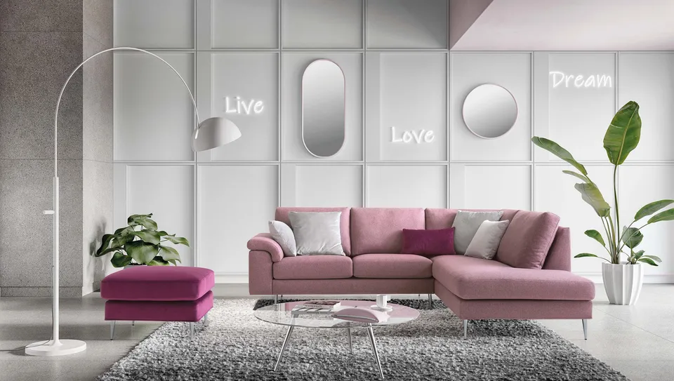 ספה פינתית Papilio של LeComfort בוורוד עם שזלונג ורגליים גבוהות