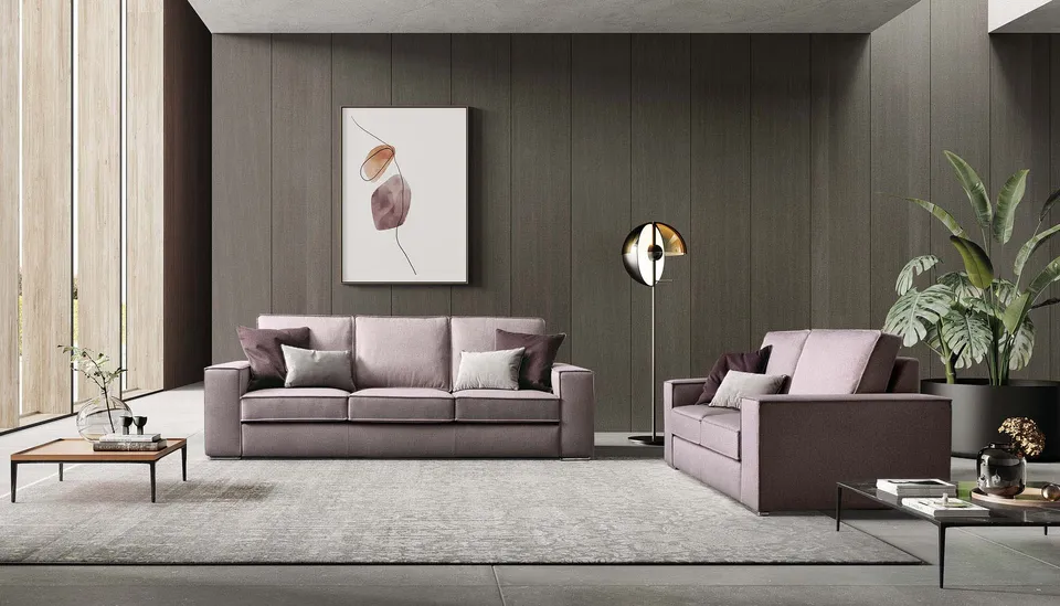 ספה Simba של LeComfort בוורוד עדין עם משענות יד מרובעות