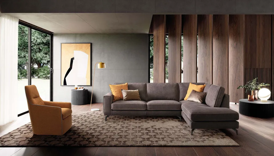 ספה פינתית Spencer של LeComfort בחום עם כפתורים וקנט במשענת היד